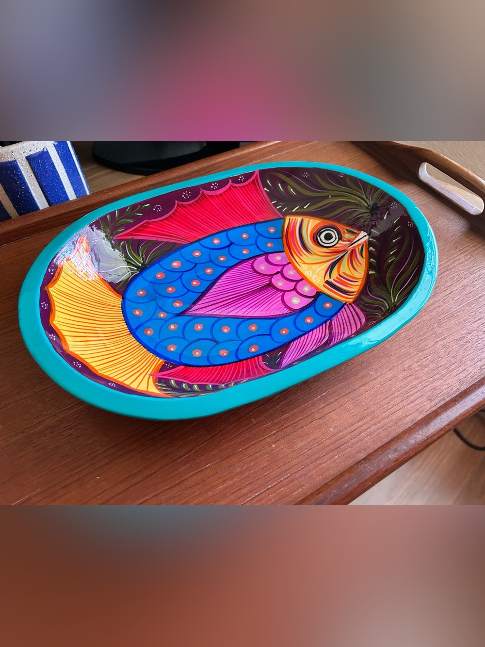 Hand-Painted Turquoise Fish Decorative Serving Tray wooden